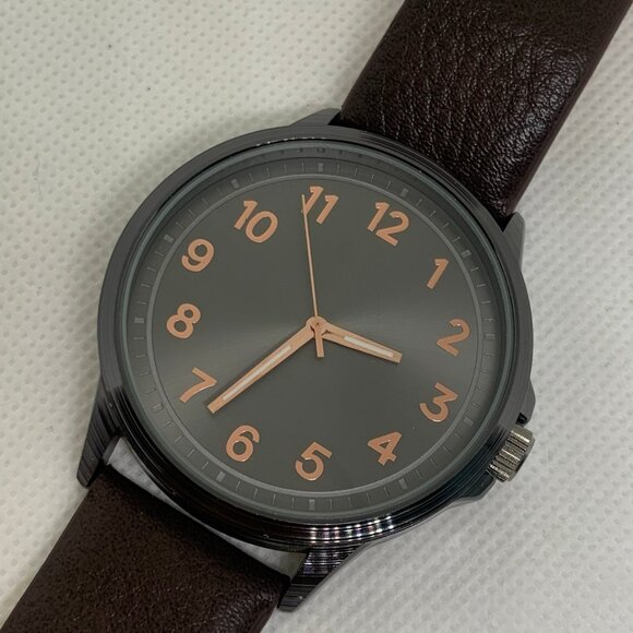 FMD men watch 45mm quartz analog black tone dial brown leather band running - Picture 2 of 8